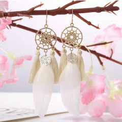 Bohemian, Native Sequin Feather Tassel Earrings
