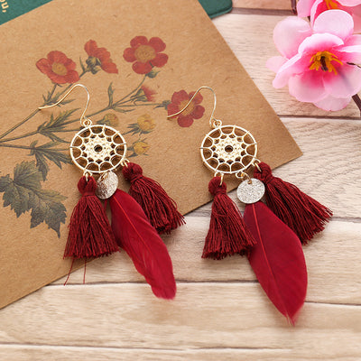 Bohemian, Native Sequin Feather Tassel Earrings