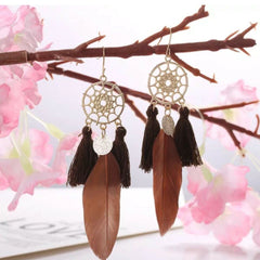 Bohemian, Native Sequin Feather Tassel Earrings